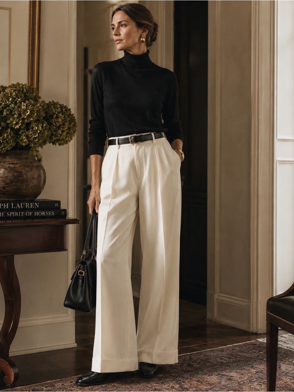 Lauren Ralph Lauren Ivory Cream Pleated Wide Leg Trousers Size 14 Cuffed 32x32